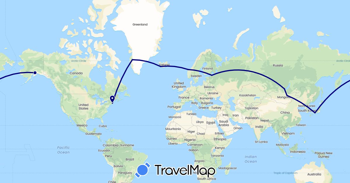 TravelMap itinerary: driving in Greenland, Iceland, Japan, Mongolia, Norway, Russia, United States (Asia, Europe, North America)